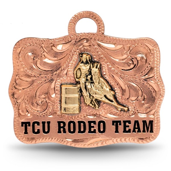 Celebrate your achievements with the Mini Buckle Tassel Charm! Featuring a hand-engraved base, copper scrolls, and a 3D barrel racer figure, this charm is perfect for personalization. Customize it with your name, graduation year, class, emblem, and more!